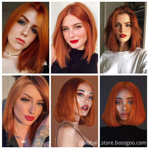 Heat Resistant Orange Red Colored Silky Straight Wig Colorful Middle Part Synthetic Hair Bob Wigs Copper Color Bobo Hair